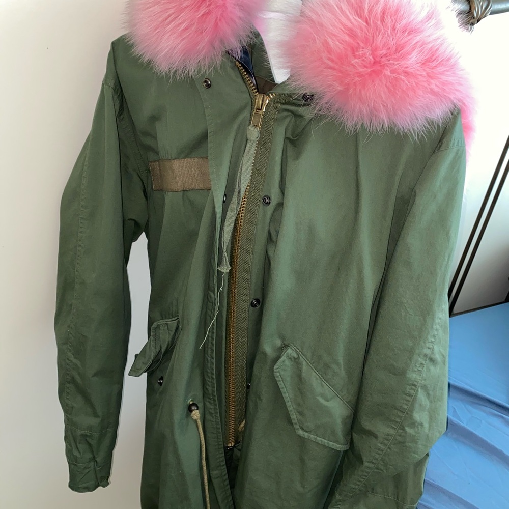 Green Jacket with Pink Fur Collar